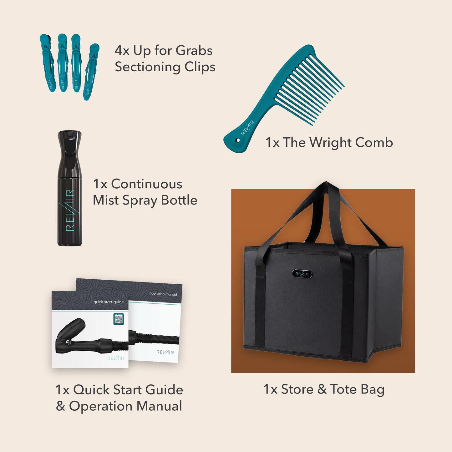 RevAir Total Package additional accessories including: Up for Grabs Sectioning Clips, The Wright Comb, Continuous Mist Spray Bottle, Quick Start Guide, and Store & Tote Bag.