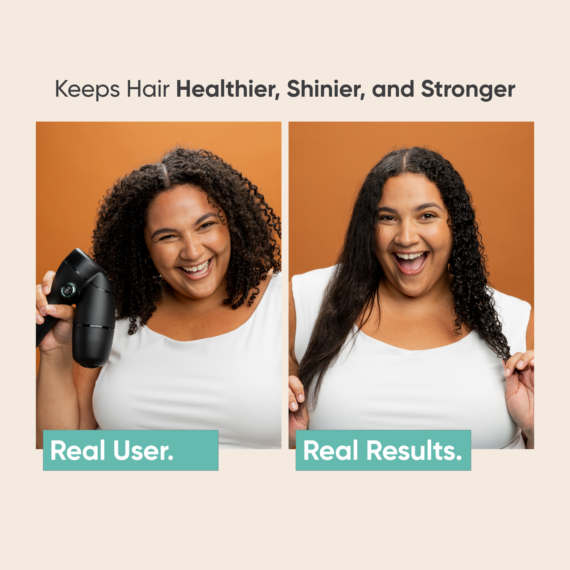 Before and after results of RevAir Reverse-Air Dryer on curly hair user Angelica, showing transformation to smooth, shiny, straight hair.