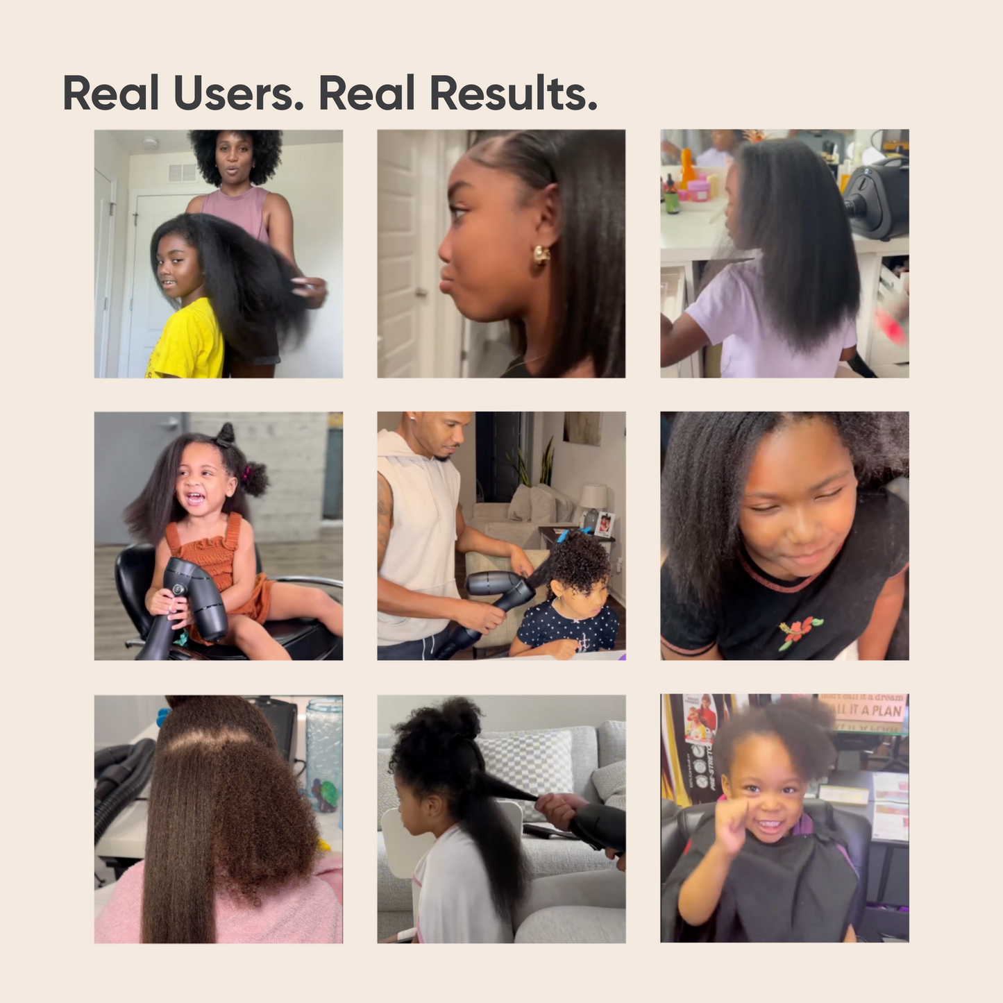 Real users of RevAir Reverse-Air Dryer on kids' natural hair textures, showing smoother, straighter results across different curl patterns.