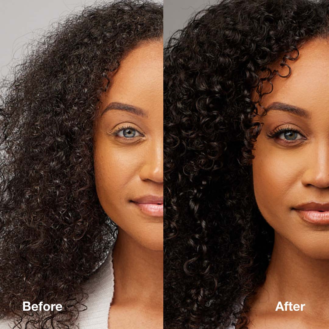 Before and after of woman with dark coily hair, with after image showing less frizz and more hydrated strands
