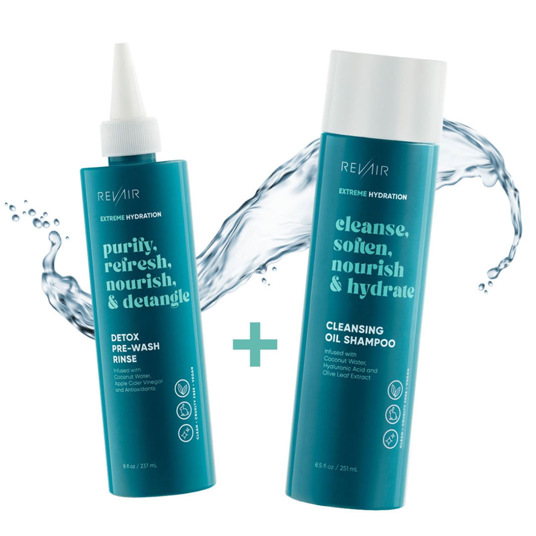 Detox Pre-wash rinse product bottle plus cleansing oil shampoo bottle with a splash of liquid behind both