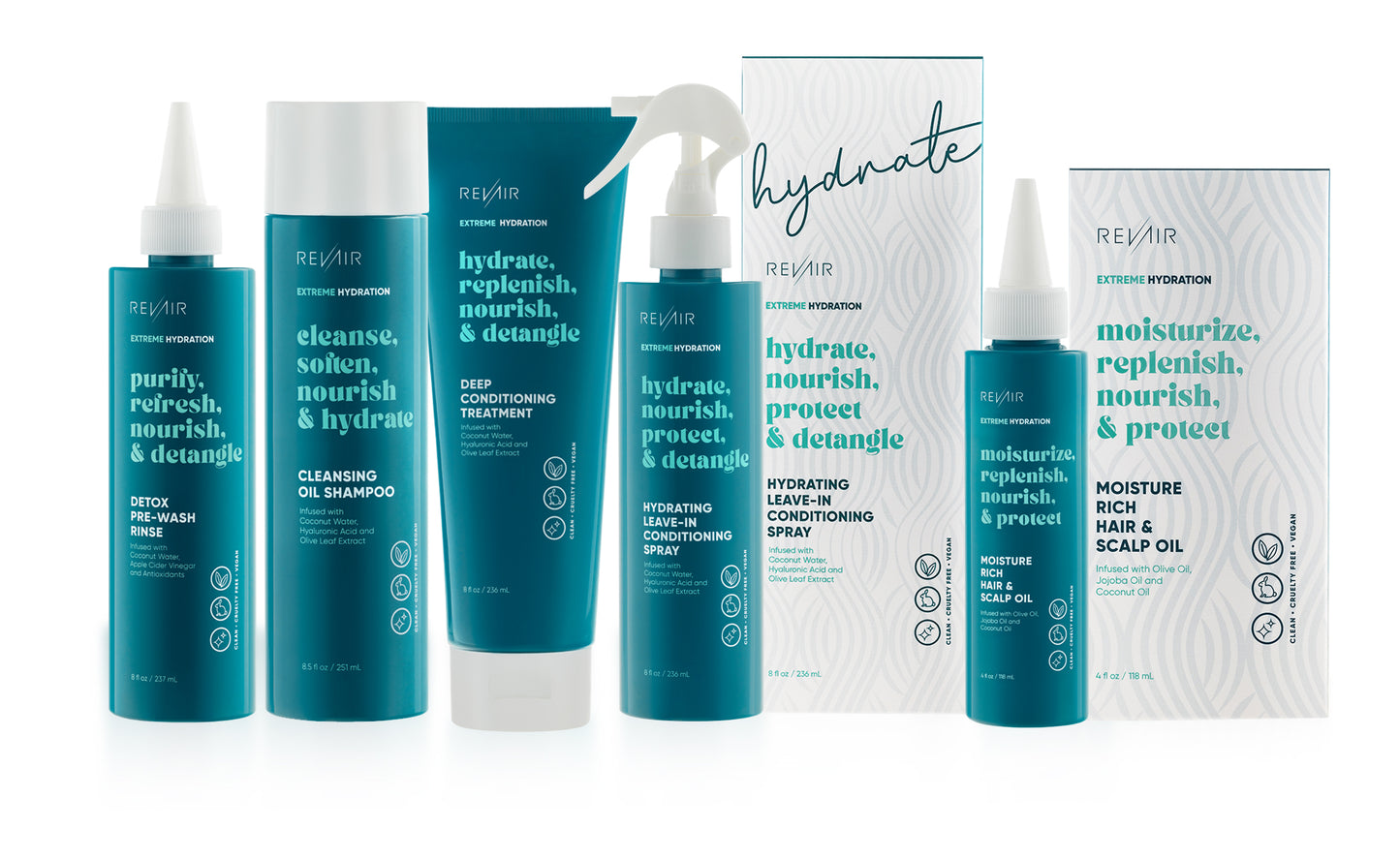 All RevAir extreme hydration products - deep conditioning treatment, moisture-rich hair and scalp oil, cleansing oil shampoo, detox pre-wash rinse, and hydrating leave-in conditioning spray