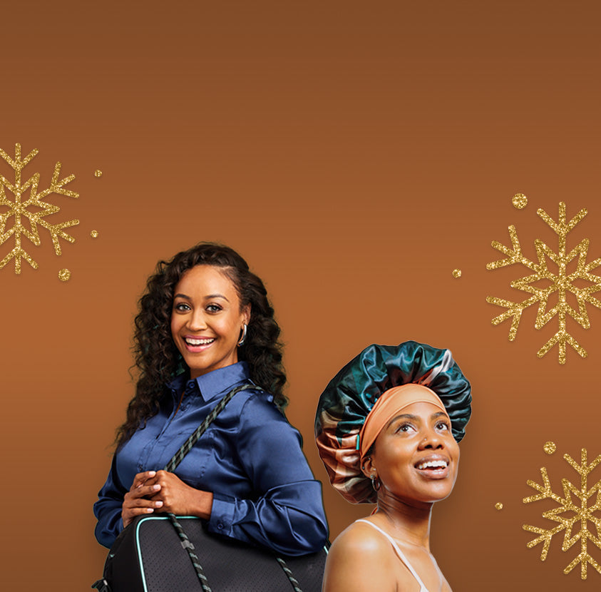 Two women with RevAir accessories including weekender bag and satin bonnet