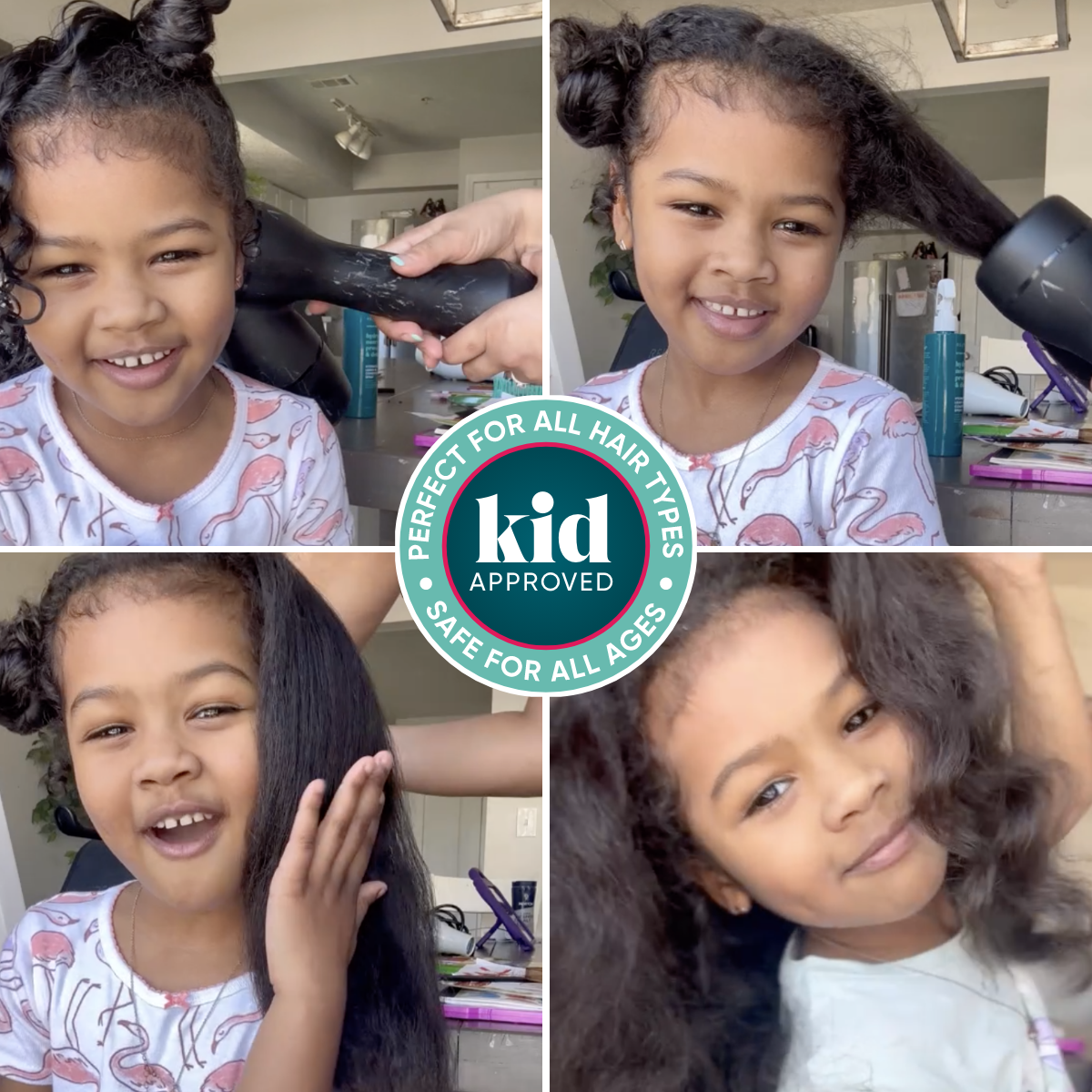 Collage of a young girl with styled hair, using a hair product, with a 'Kid Approved' logo.