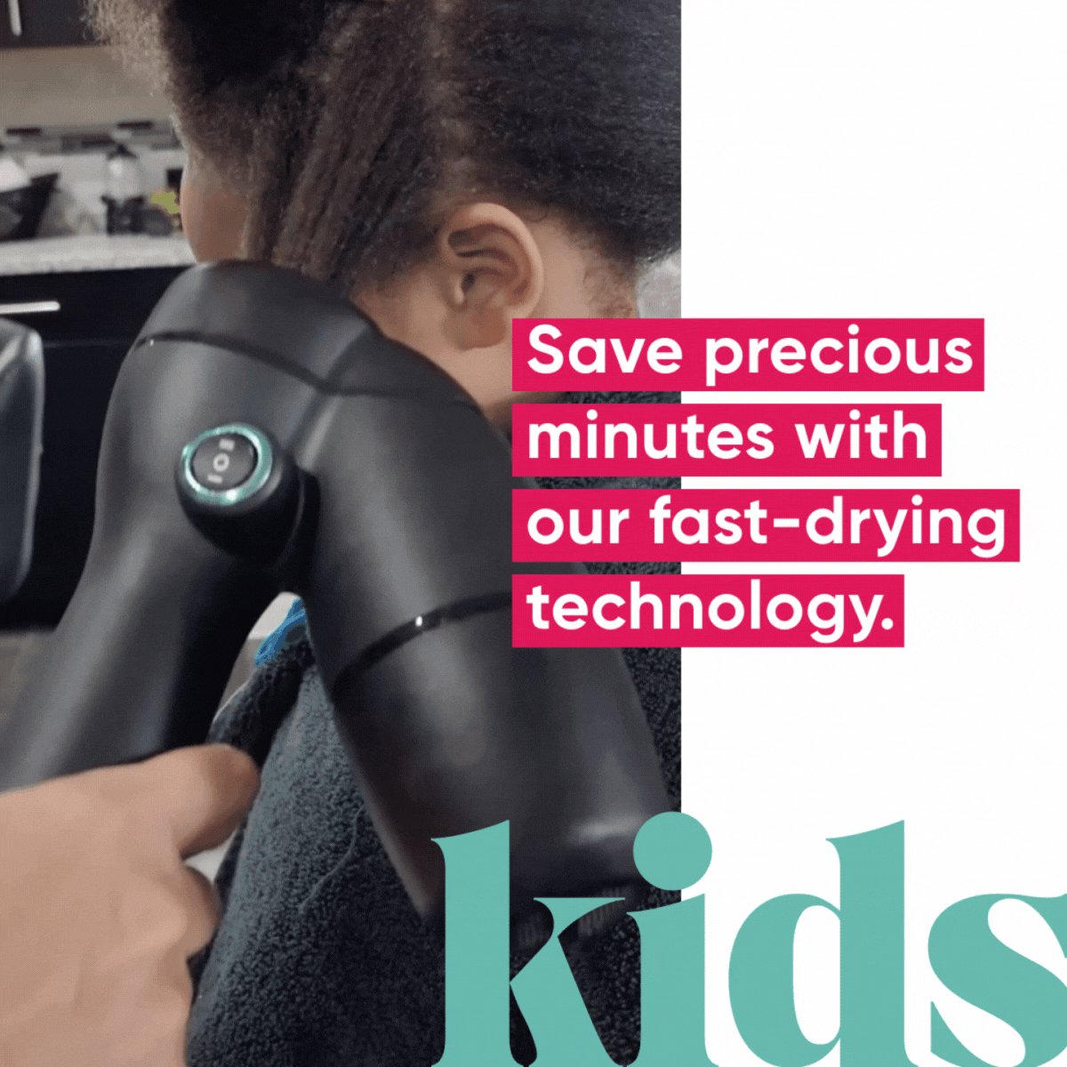 Animated GIF of parent and child using RevAir - save precious minutes with our fast-drying technology