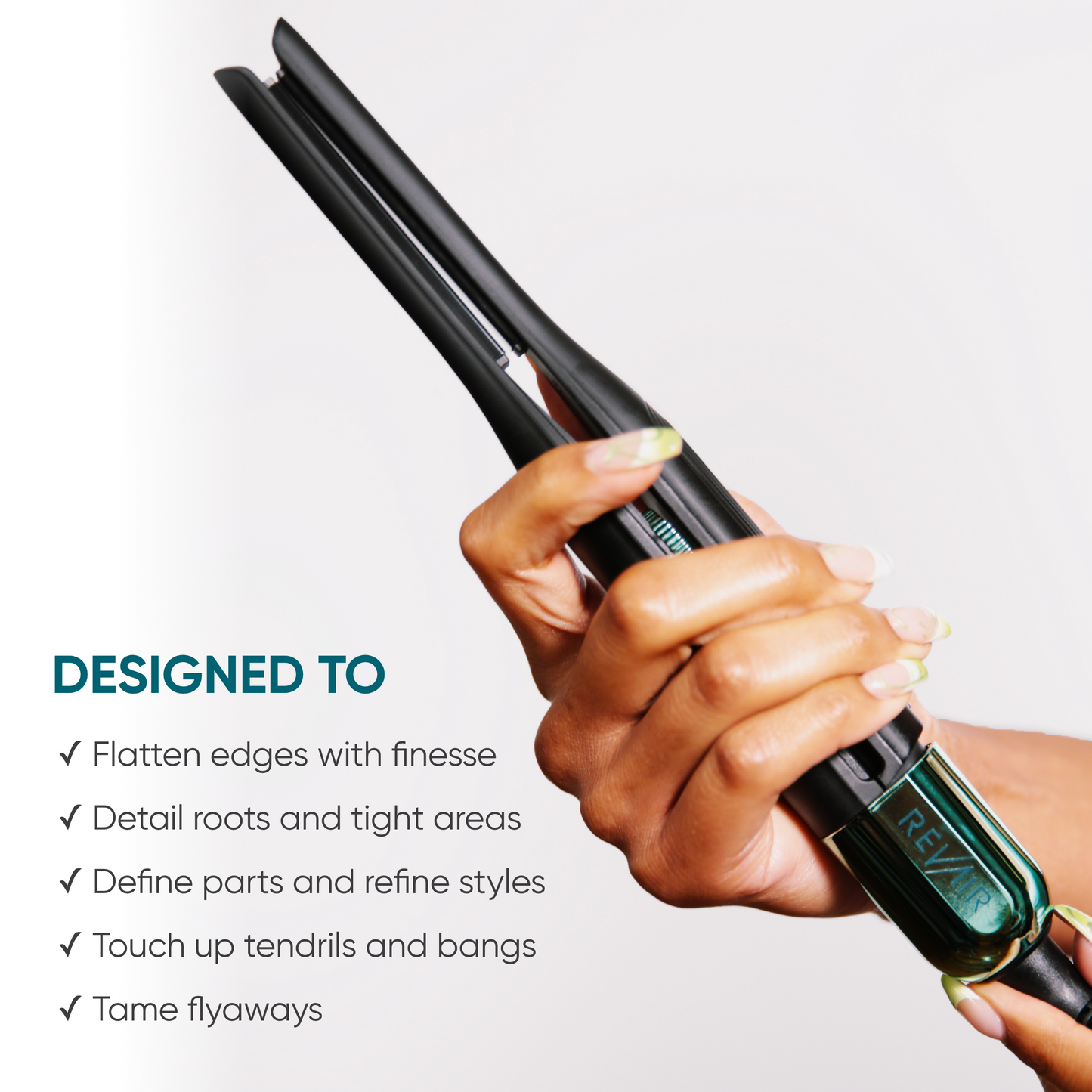 RevAir Micro Edge Styler close-up showing slim tourmaline ceramic plates, designed for detailing roots, edges, and taming flyaways.