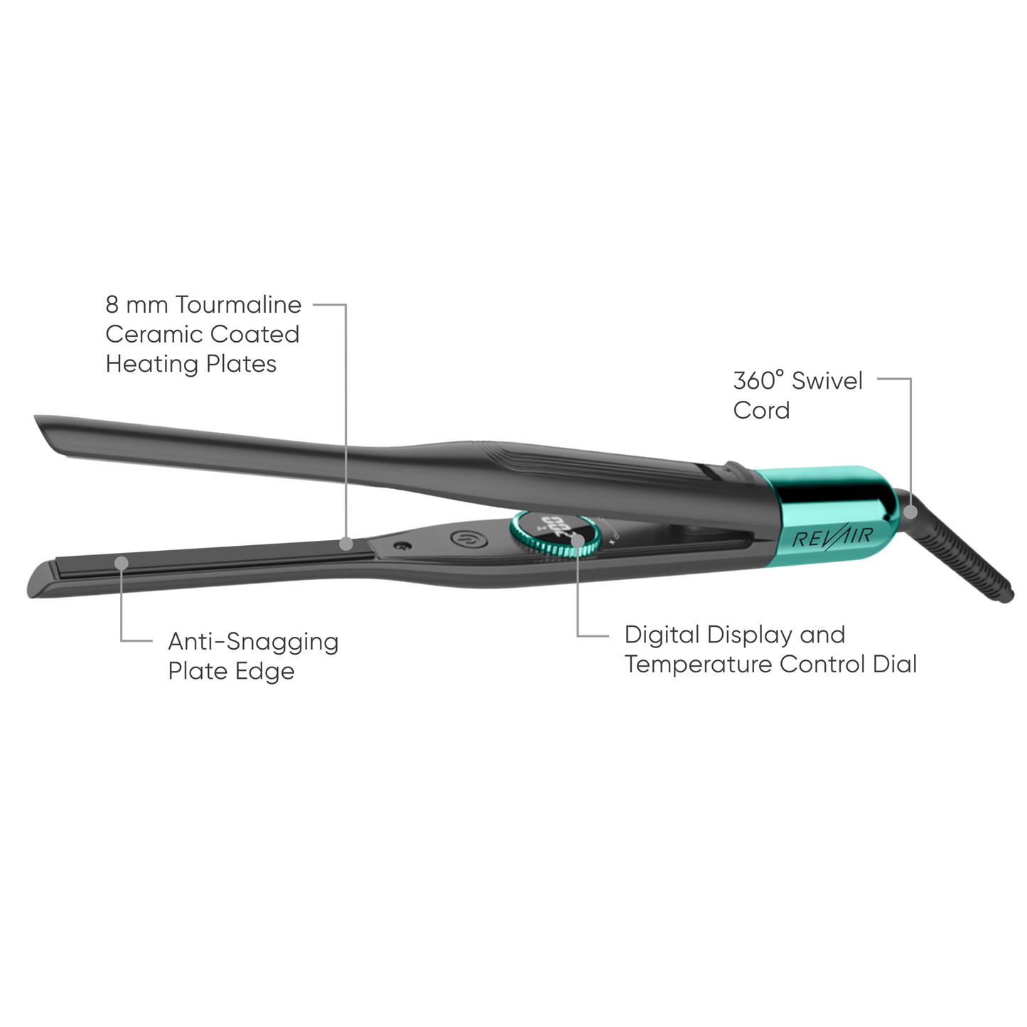 Diagram of RevAir Micro Edge Styler mini flat iron with labeled features including 8mm ceramic plates, swivel cord, and digital display.