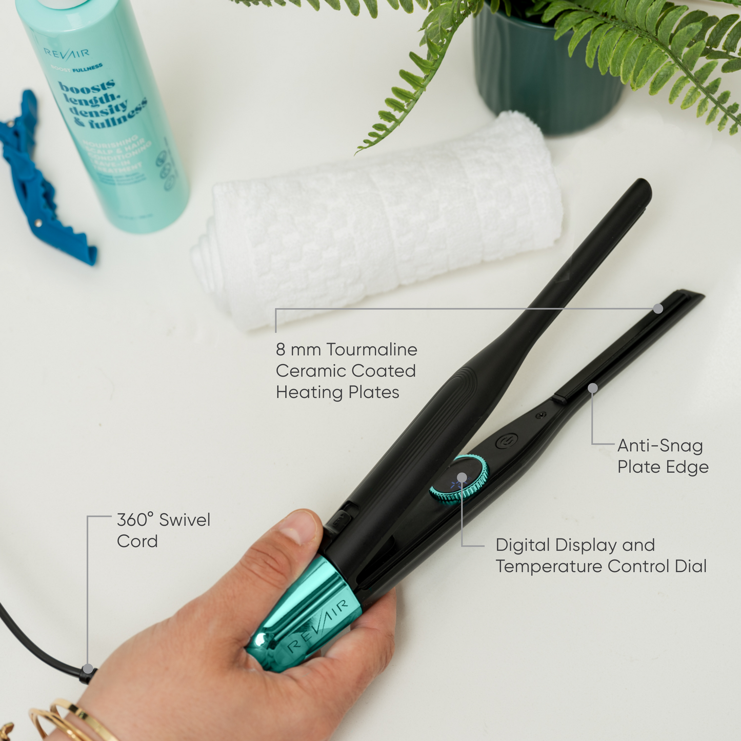 RevAir Micro Edge Styler detail view with labeled features including 8mm ceramic plates, anti-snag edge, digital temperature display, and 360° swivel cord.