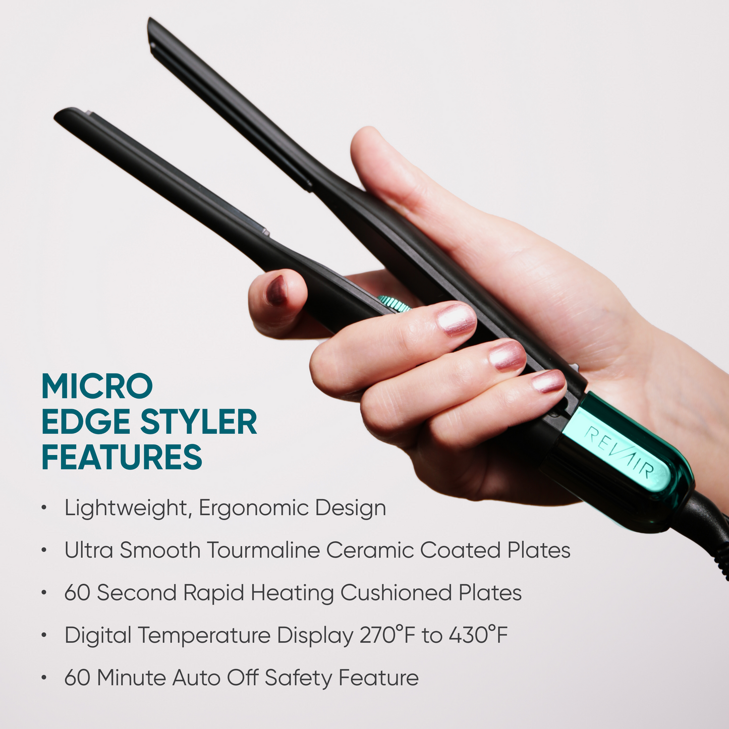 RevAir Micro Edge Styler flat iron in hand highlighting features like lightweight design, rapid heating, and digital temperature control.