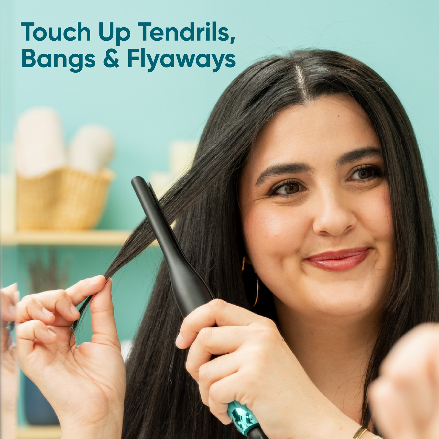Woman touching up bangs and flyaways with RevAir Micro Edge Styler mini flat iron for smooth, polished hair.Woman touching up bangs and flyaways with RevAir Micro Edge Styler mini flat iron for smooth, polished hair.