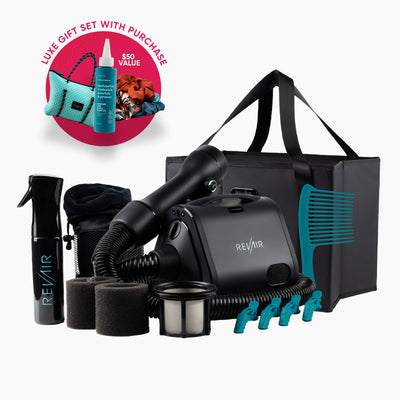 Revair hair styling kit with dryer, attachments, and carrying bag on a white background, includes all accessories and luxe gift set