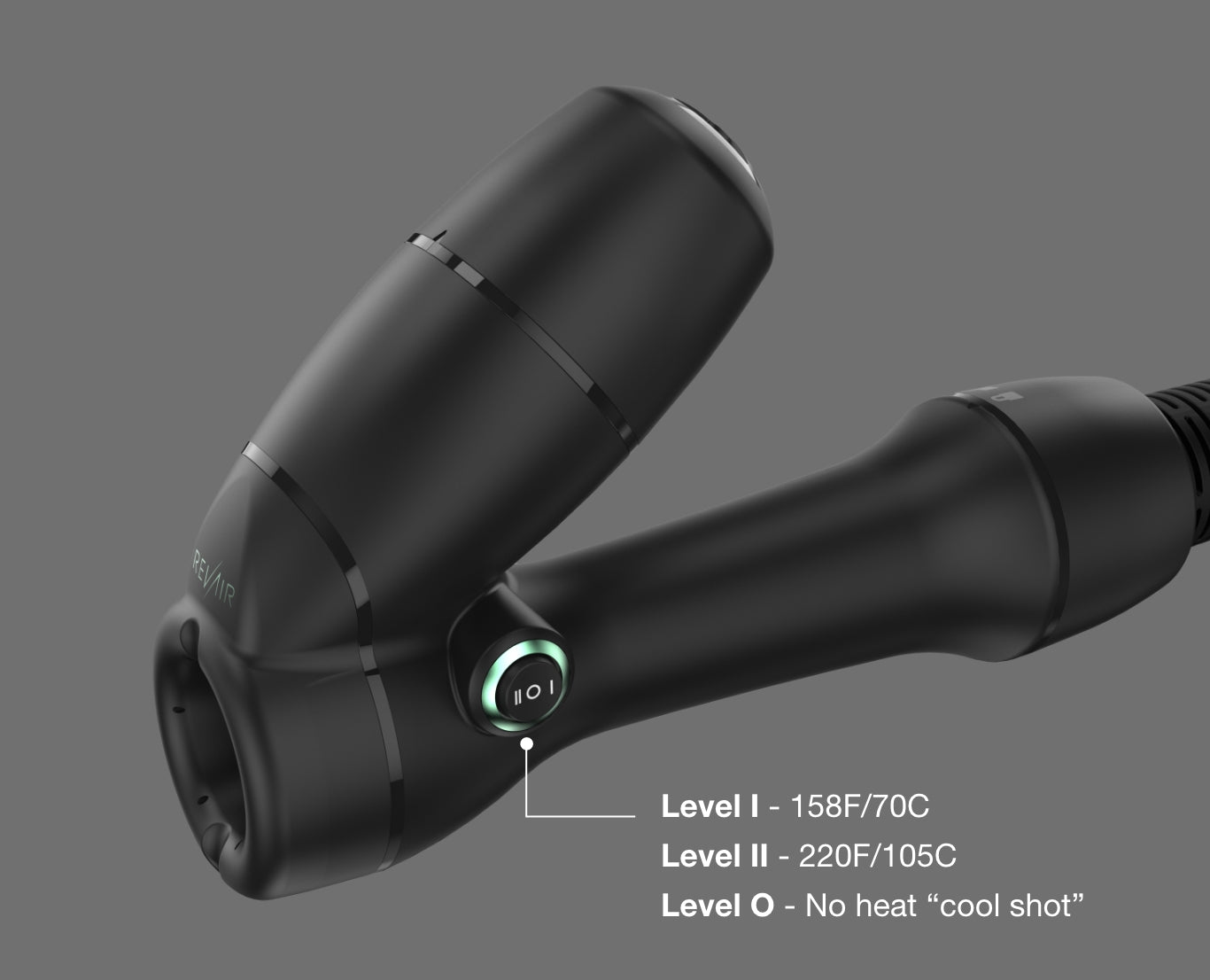 3 heat levels, level 1 - 158 degrees, level 2 220 degrees, level 0 - cool shot no heat