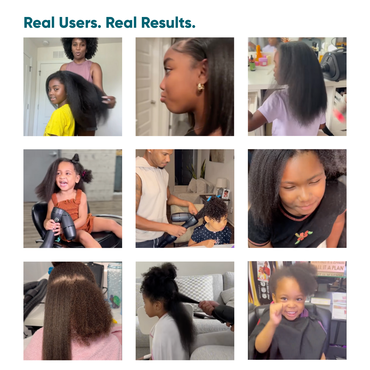A grid of images showing children's hair during and after RevAir use, with the title: Real Users. Real Results.