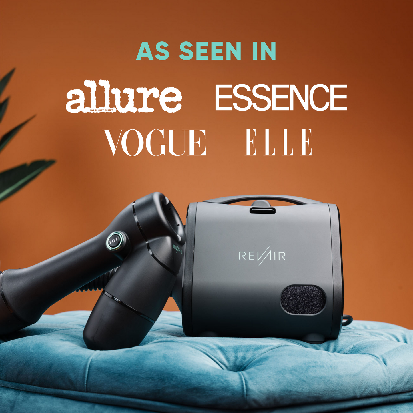 RevAir Reverse-Air Dryer featured with media mentions including Allure, Essence, Vogue, and Elle.