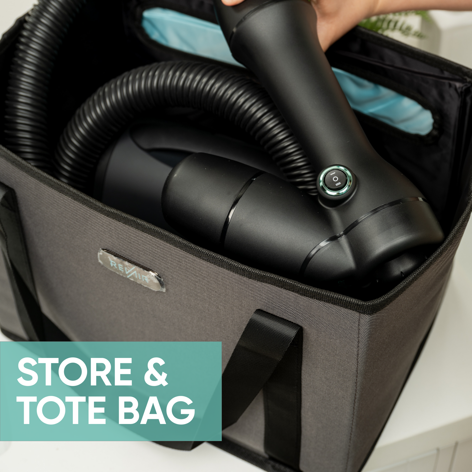 RevAir Store & Tote Bag shown storing the Reverse-Air Dryer for easy transport and organization.