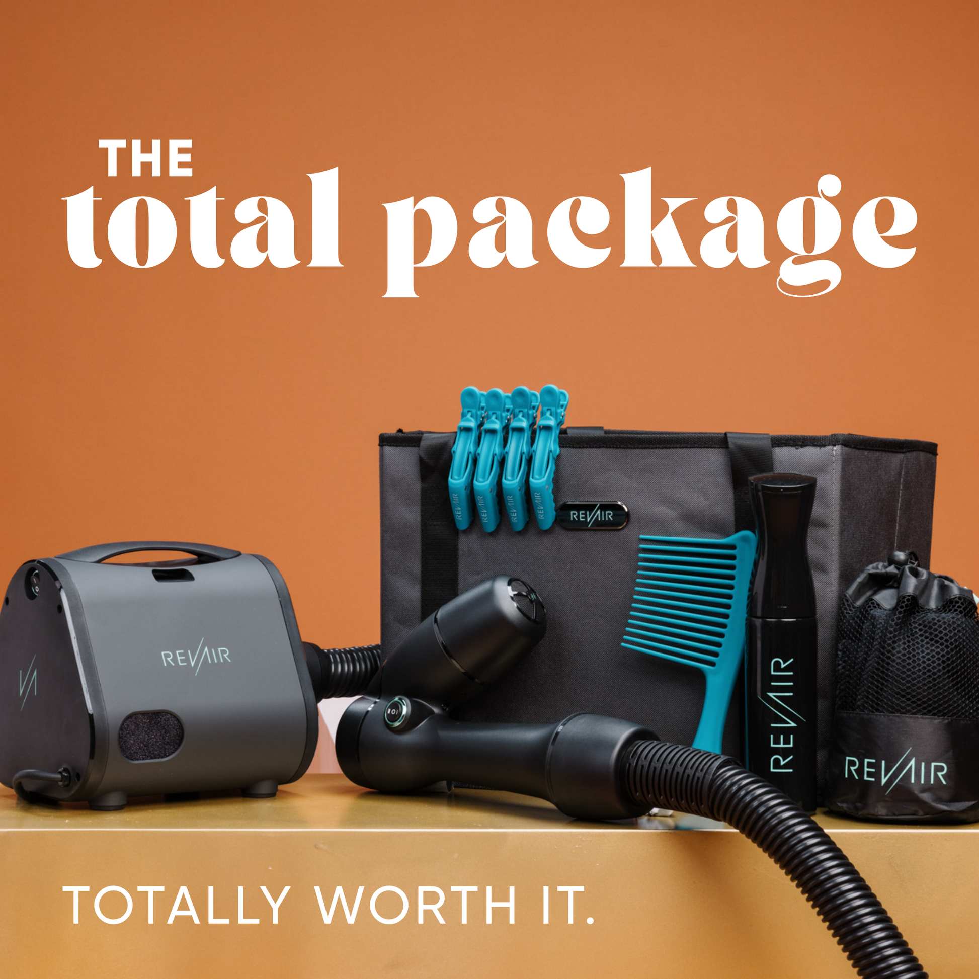 RevAir Total Package product bundle displayed including Reverse-Air Dryer, comb, clips, spray bottle, tote bag, and accessories. Tagline: Totally Worth It.