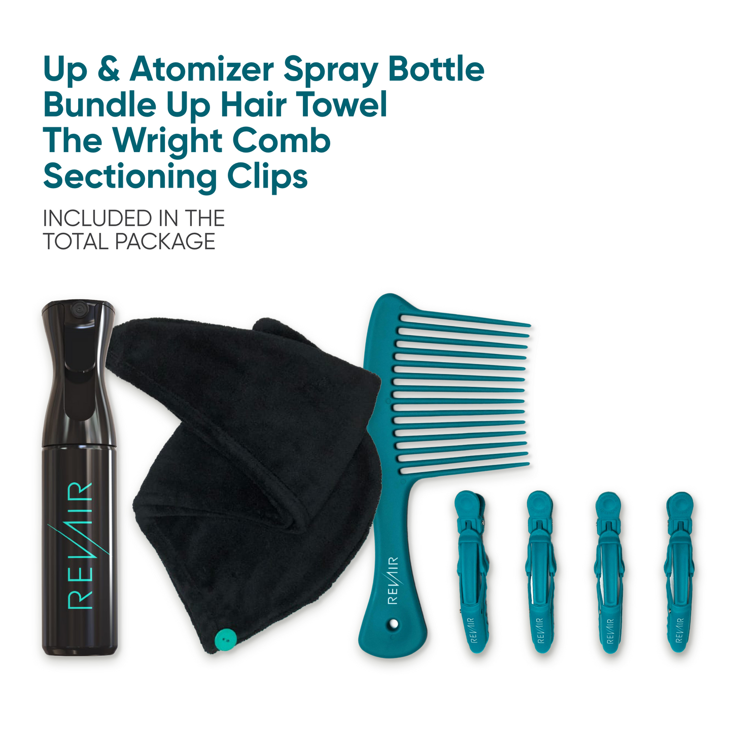 RevAir Total Package Accessories: Black Spray Bottle, Black Hair Towel, Dark Teal Long Tooth Detangling Comb, and Dark Teal Sectioning Clips