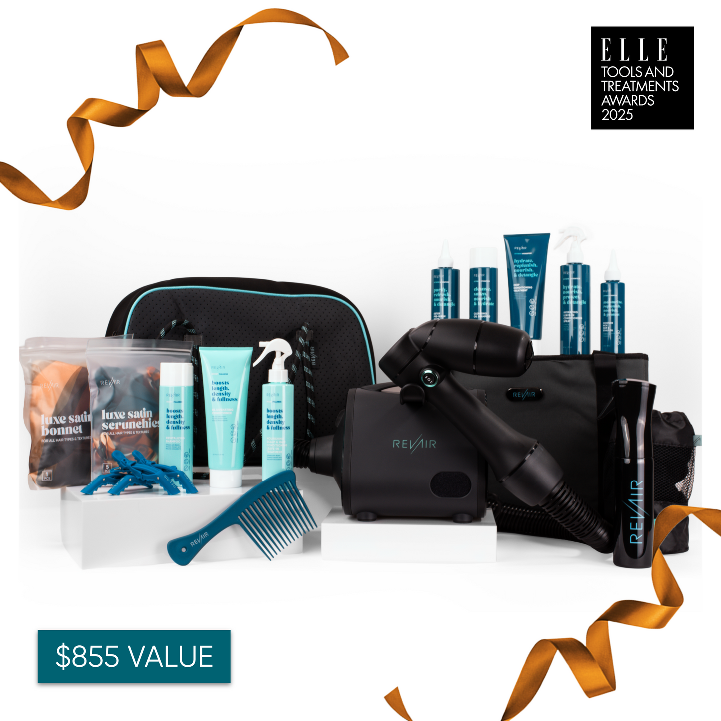 Hair care accessories collection around RevAir hair dryer with text: $855 value and Elle awards badge