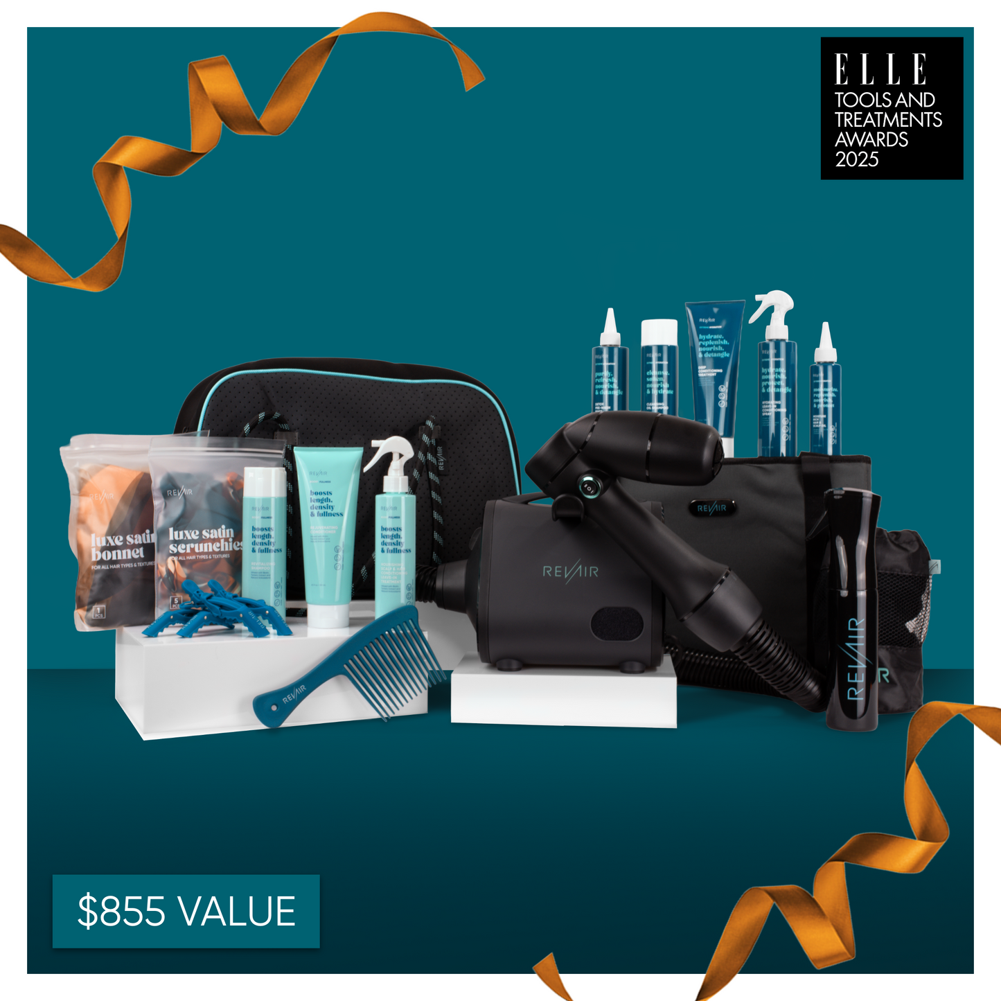 Hair care accessories collection around RevAir hair dryer with text: $855 value and Elle awards badge