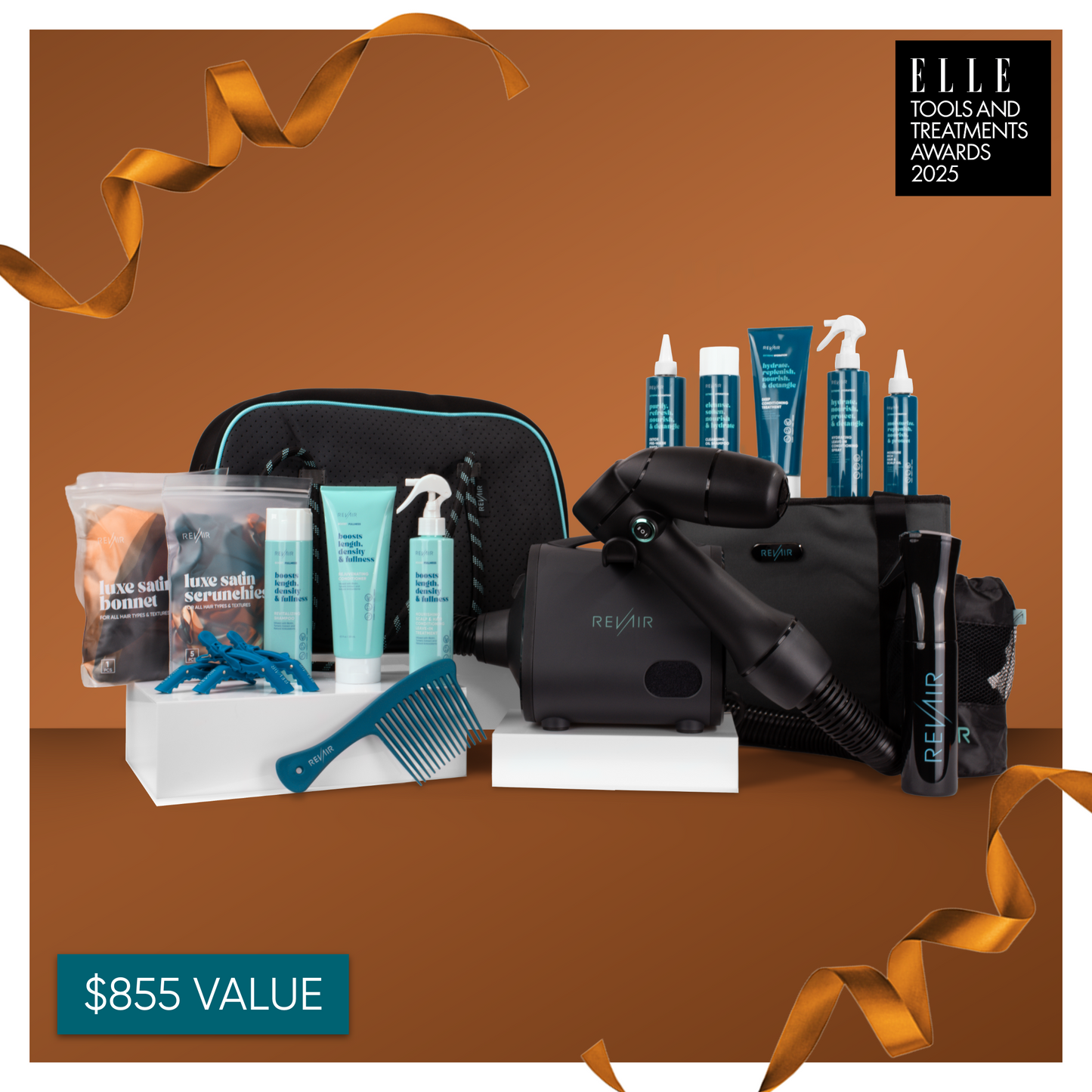 Hair care accessories collection around RevAir hair dryer with text: $855 value and Elle awards badge