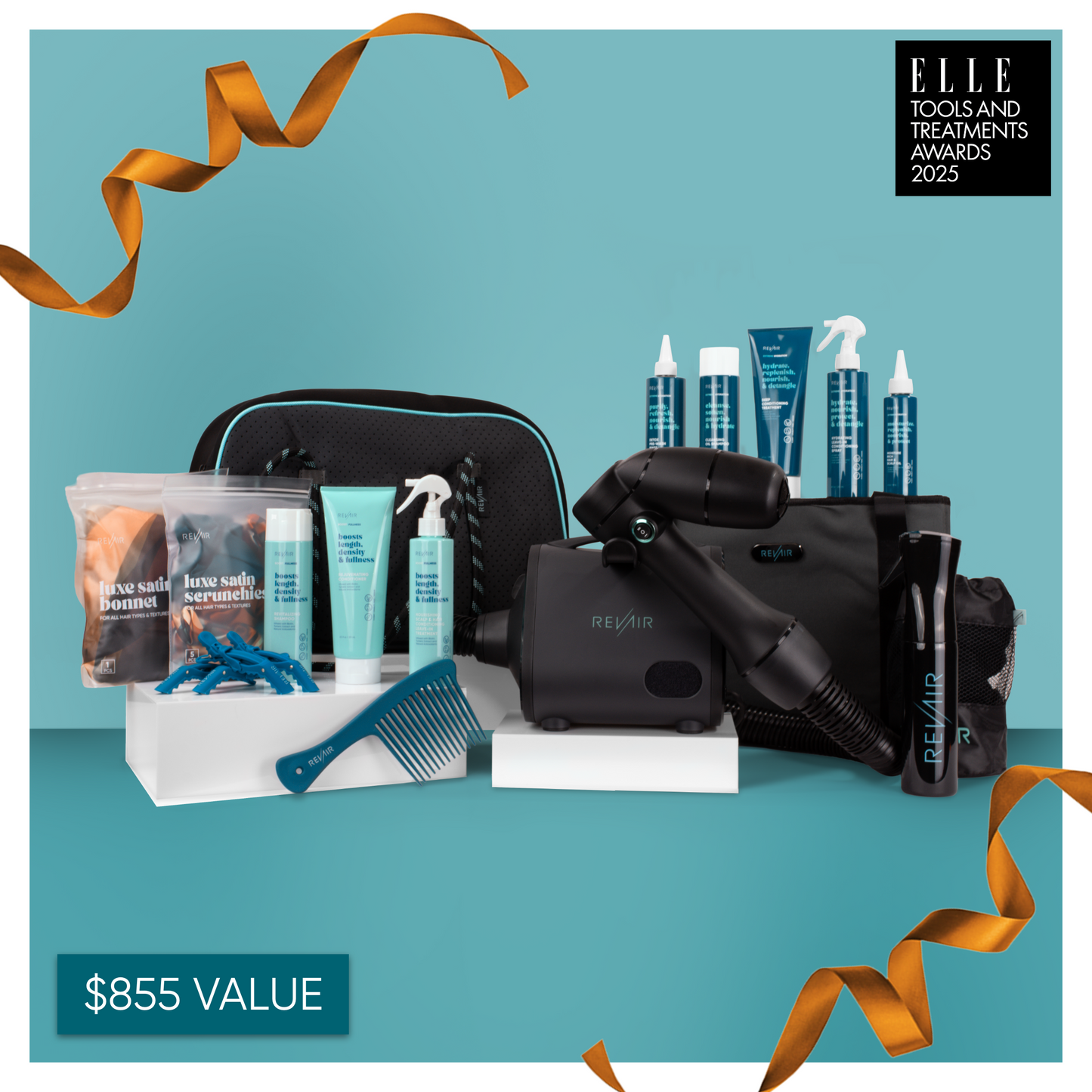 Hair care accessories collection around RevAir hair dryer with text: $855 value and Elle awards badge