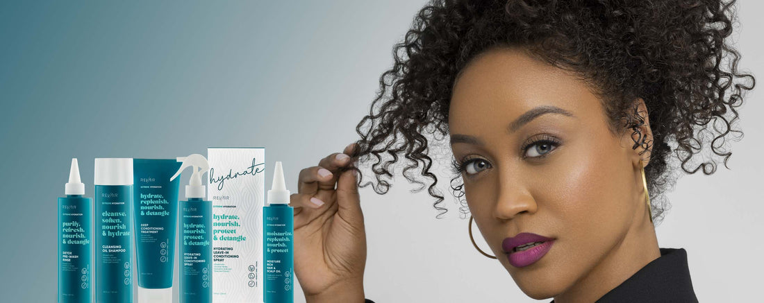 Woman with type 4 hair holding out a strand of her hair, showing its coily texture, with group of RevAir extreme hydration product bottles superimposed on image