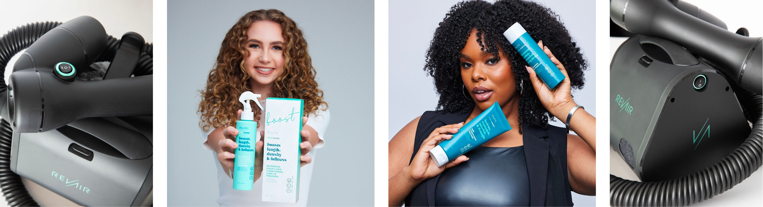 Collage of images showing RevAir reverse air dryer, woman holding new Boost Fullness product bottles, and woman holding Extreme Hydration bottles