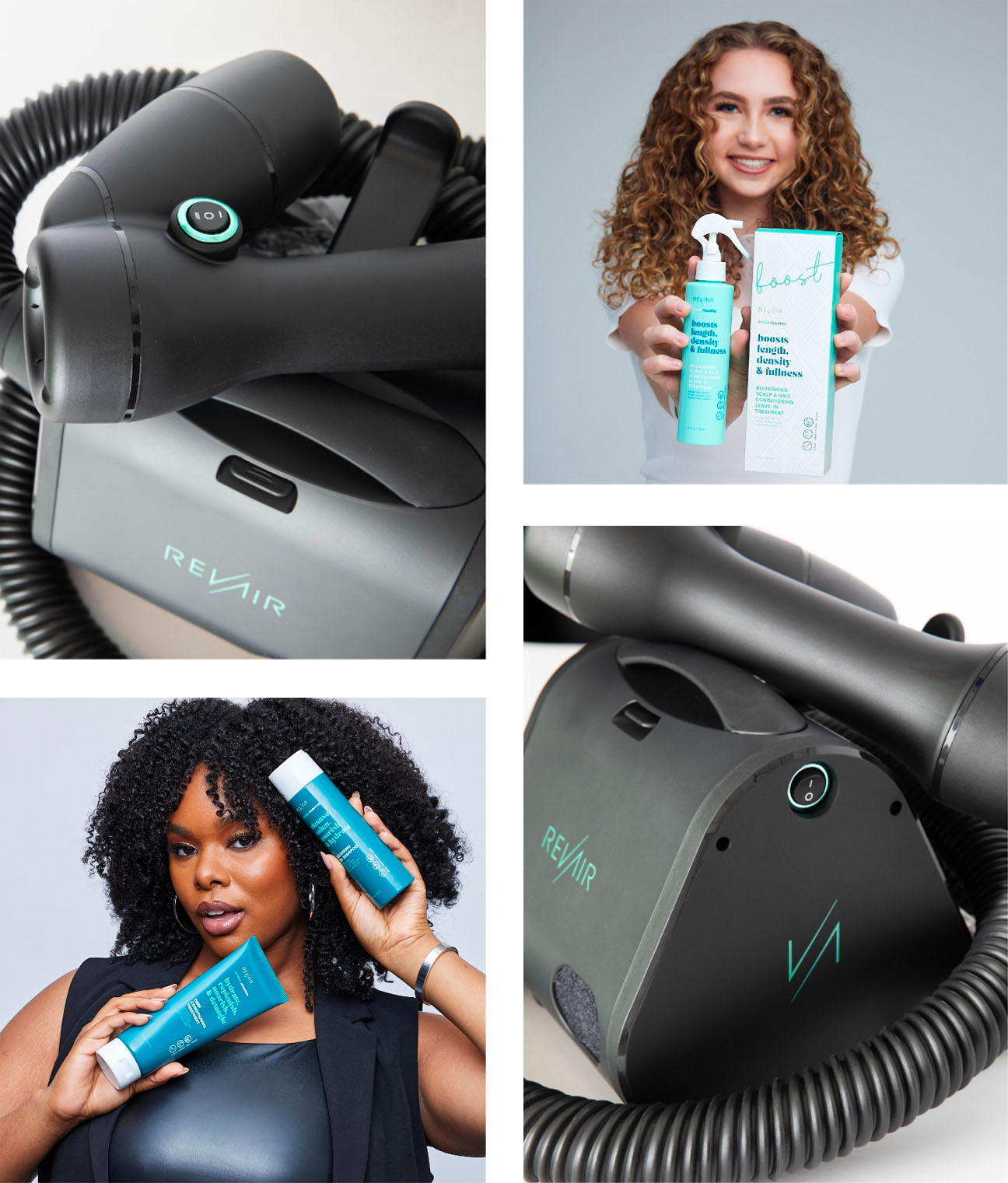 Collage of images showing RevAir reverse air dryer, woman holding new Boost Fullness product bottles, and woman holding Extreme Hydration bottles