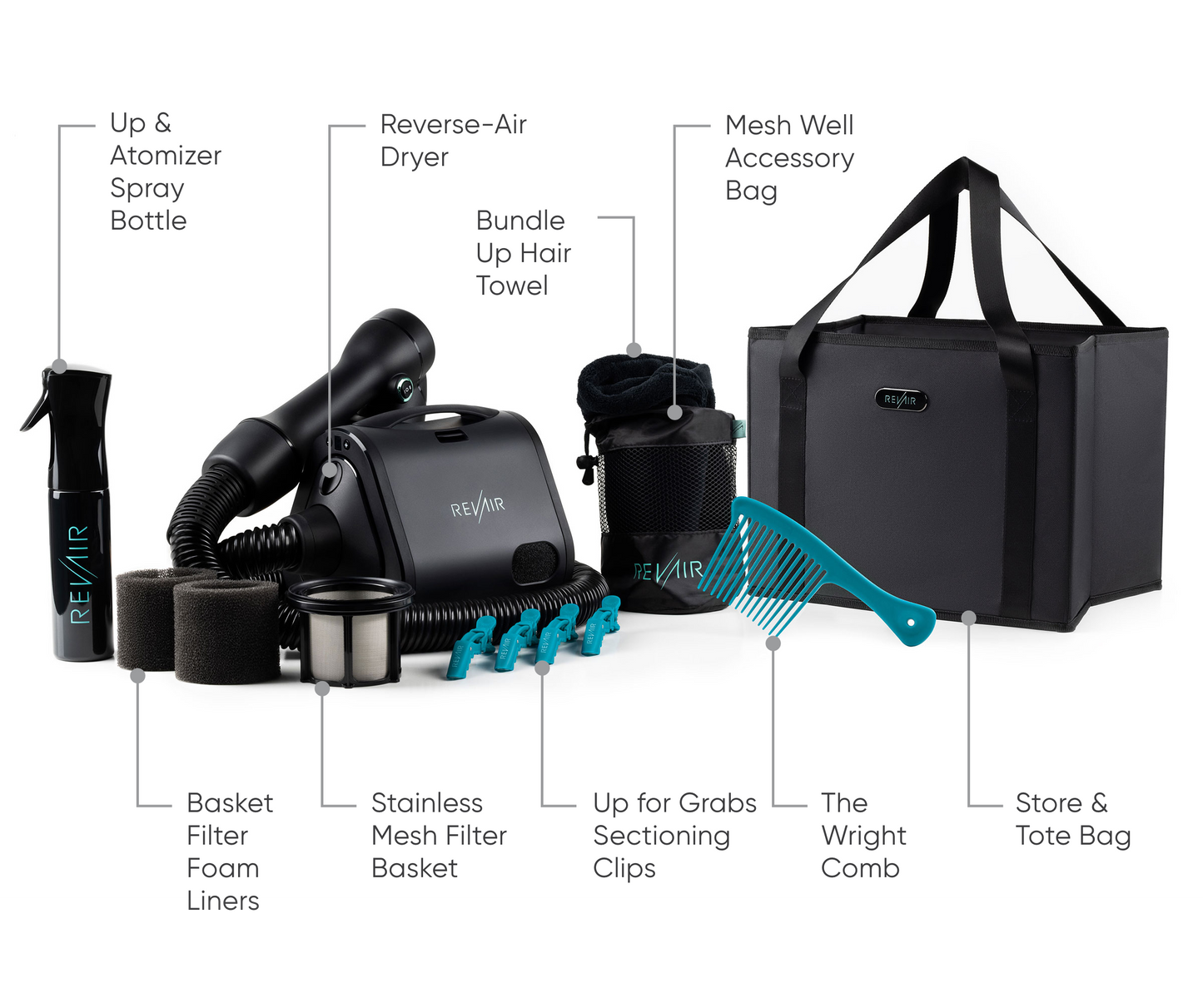 Rev-Air Dryer with Detachable Wand Rest, Stainless Mesh Filter Basket, Spray Bottle, Foam Filter Liners, Up for Grabs Sectioning Clips, Bundle Up Hair Towel, Mesh Well Accessory Bag, The Wright Comb, Store & Tote Bag