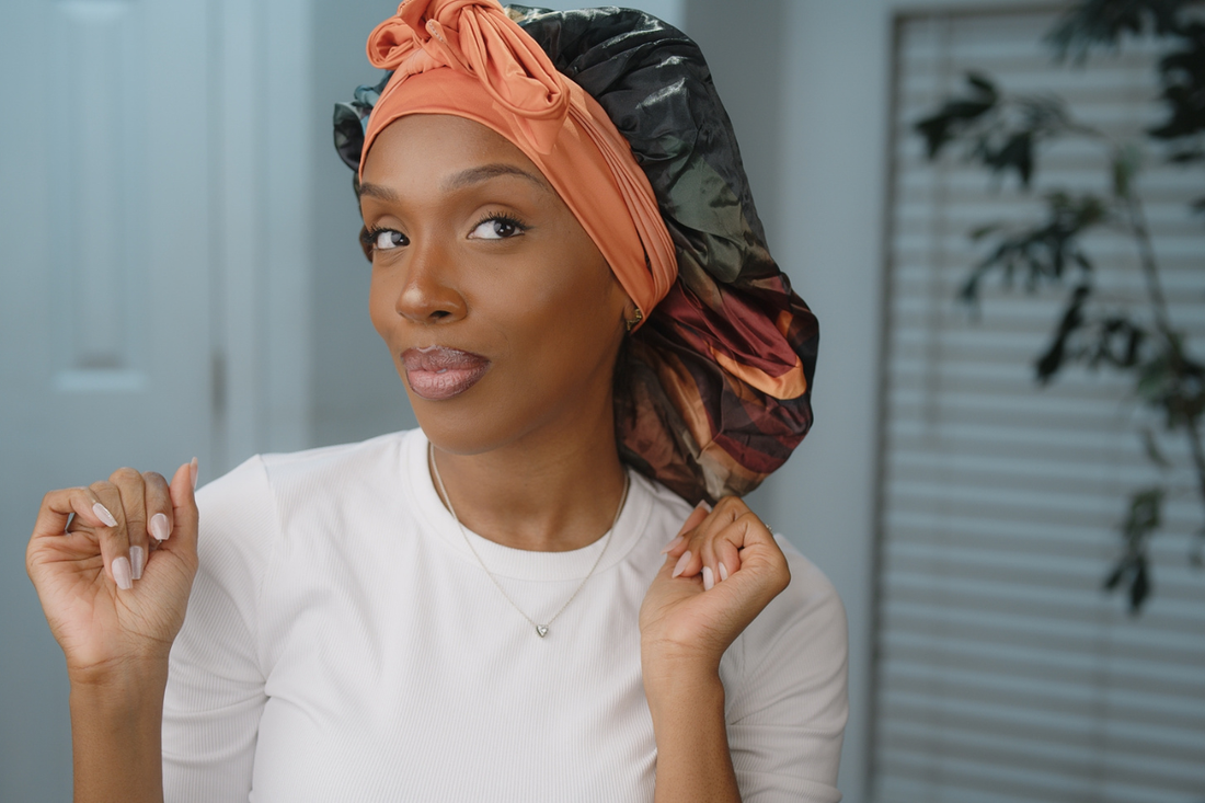 Luxe satin bonnet for protecting curly and textured hair during sleep