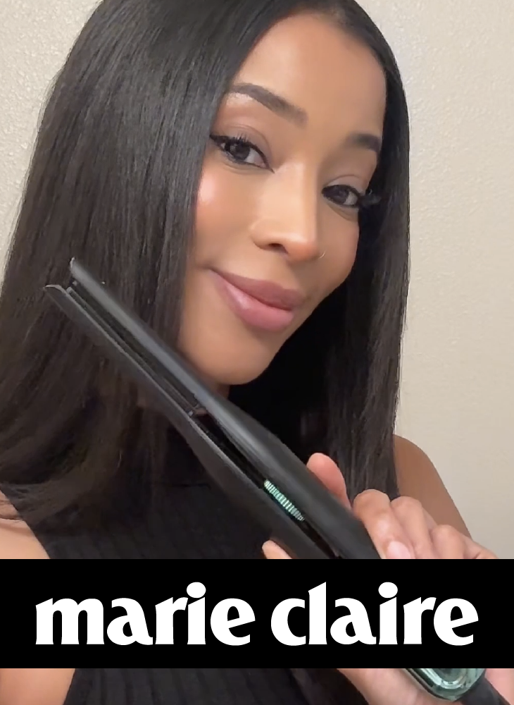 A woman with long straight black hair using the RevAir Micro Edge Styler, with the Marie Claire logo displayed below