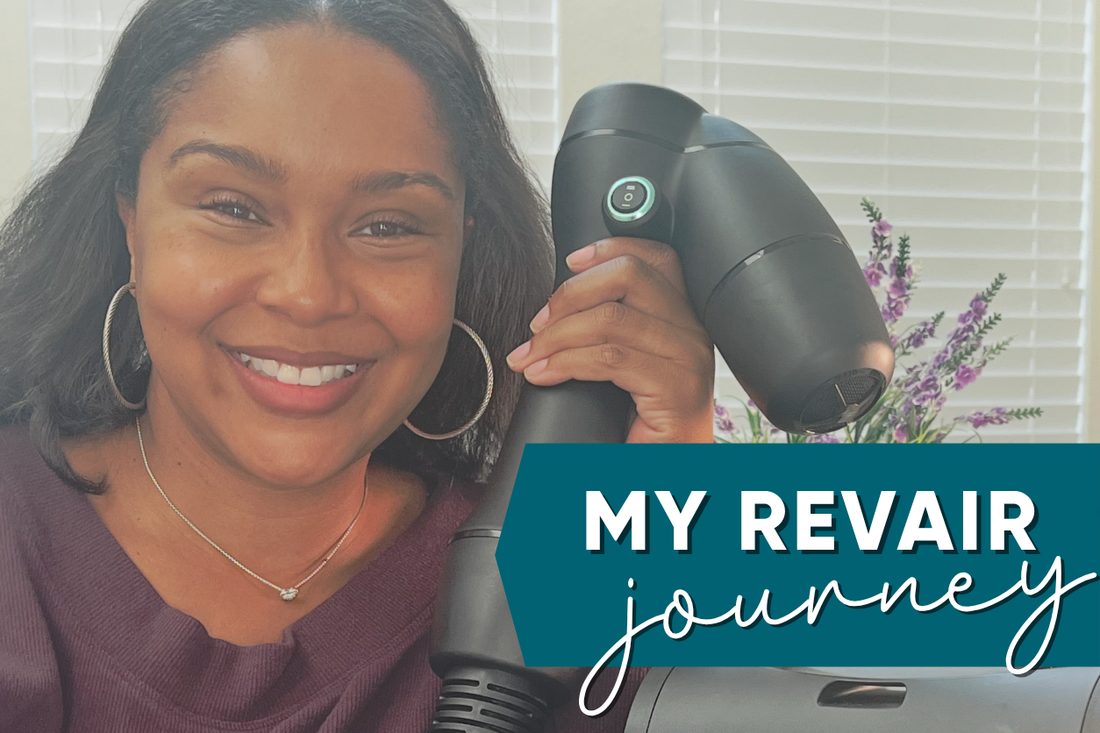 Rachel S smiling and holding the RevAir Reverse-Air Dryer wand, with My RevAir Journey title overlay