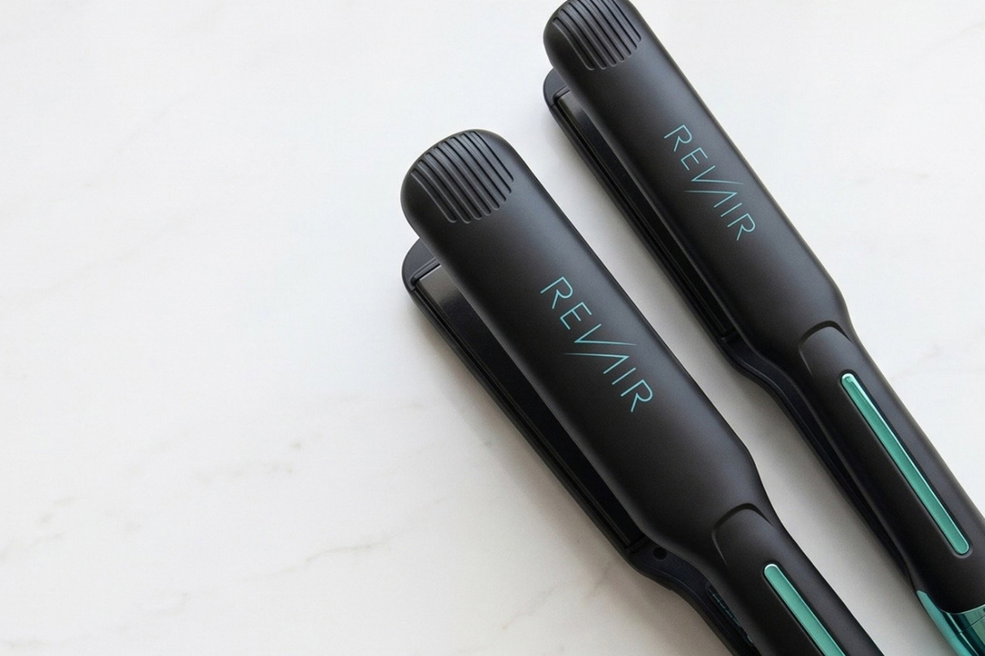 RevAir wide-plate and standard flat irons side by side for straightening thick and curly hair