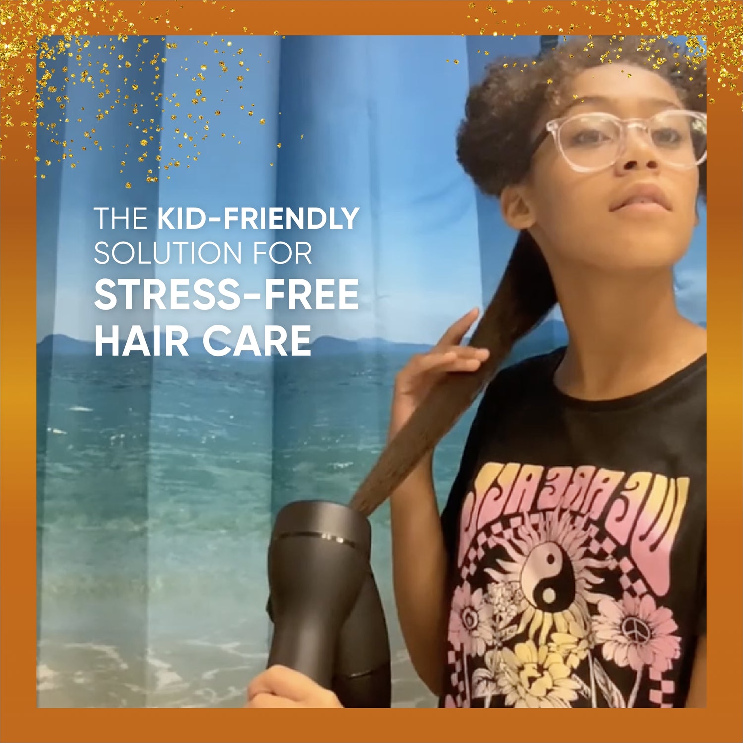 A young woman using the RevAir dryer with the words the kid-friendly solution for stress-free hair care