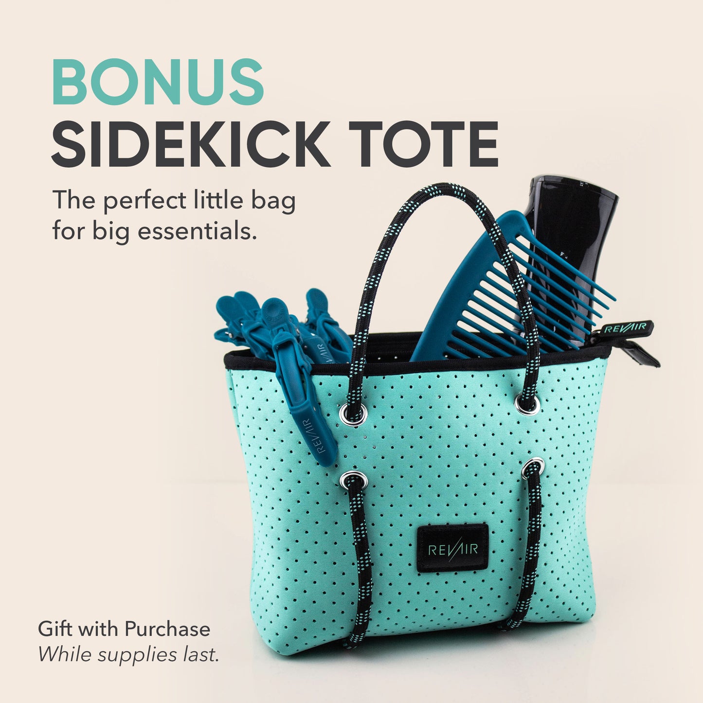 RevAir Sidekick Tote bag shown holding hair essentials including clips, comb, and dryer accessory. Limited gift with purchase bag.