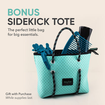 RevAir Sidekick Tote bag shown holding hair essentials including clips, comb, and dryer accessory. Limited gift with purchase bag.