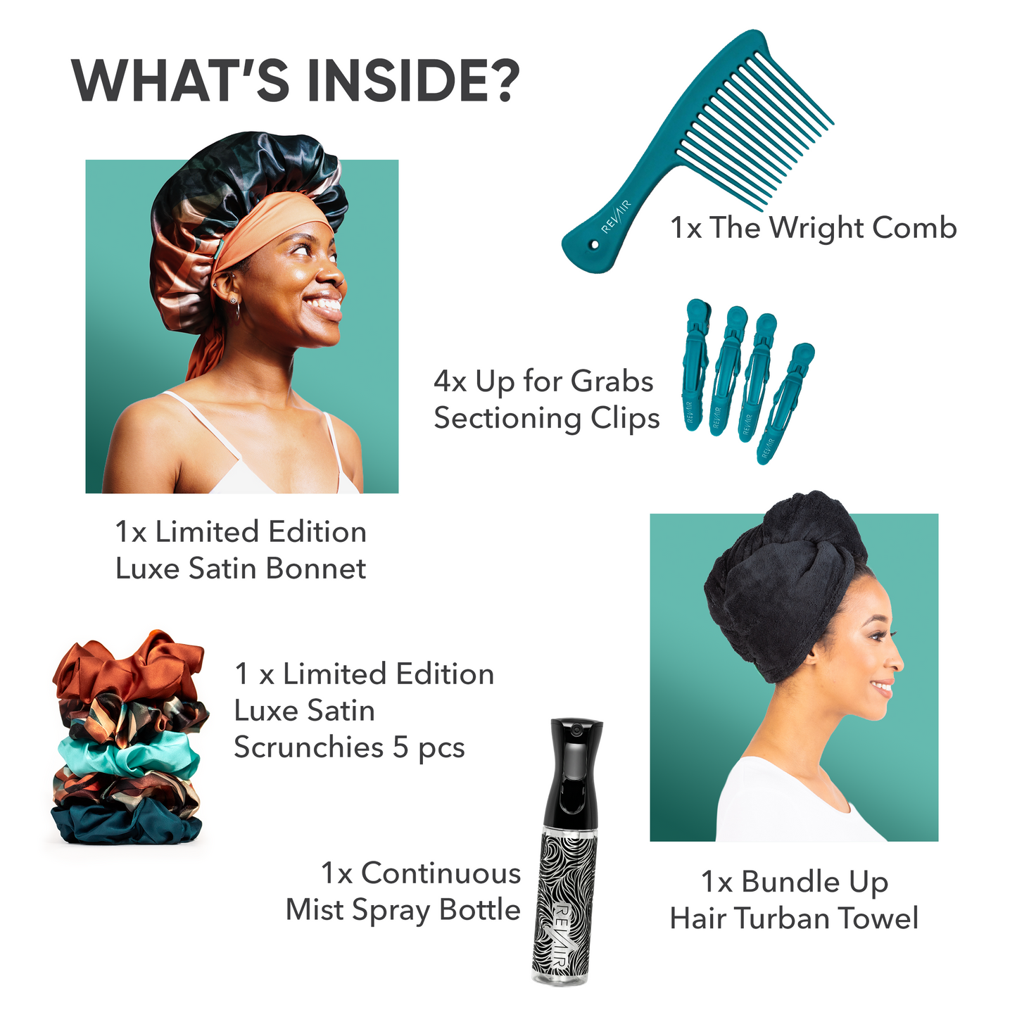 RevAir brand product set with comb, bonnet, clips, scrunchies, spray bottle, and towel on a white background.