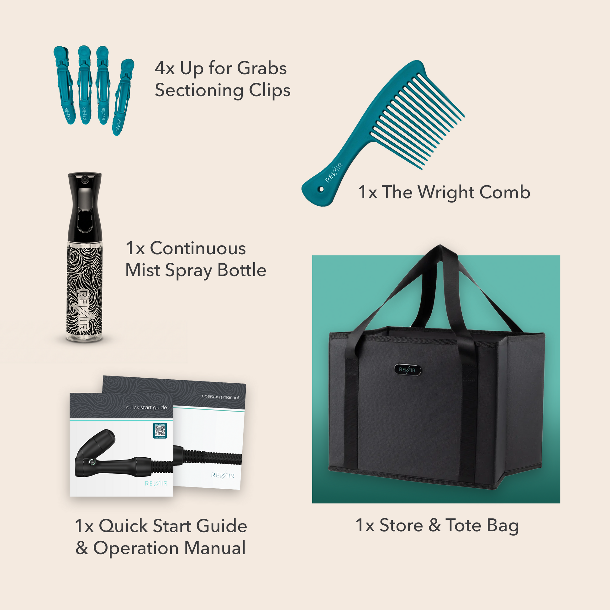 Collection of hair care products including clips, comb, spray bottle, and bag on a beige background.