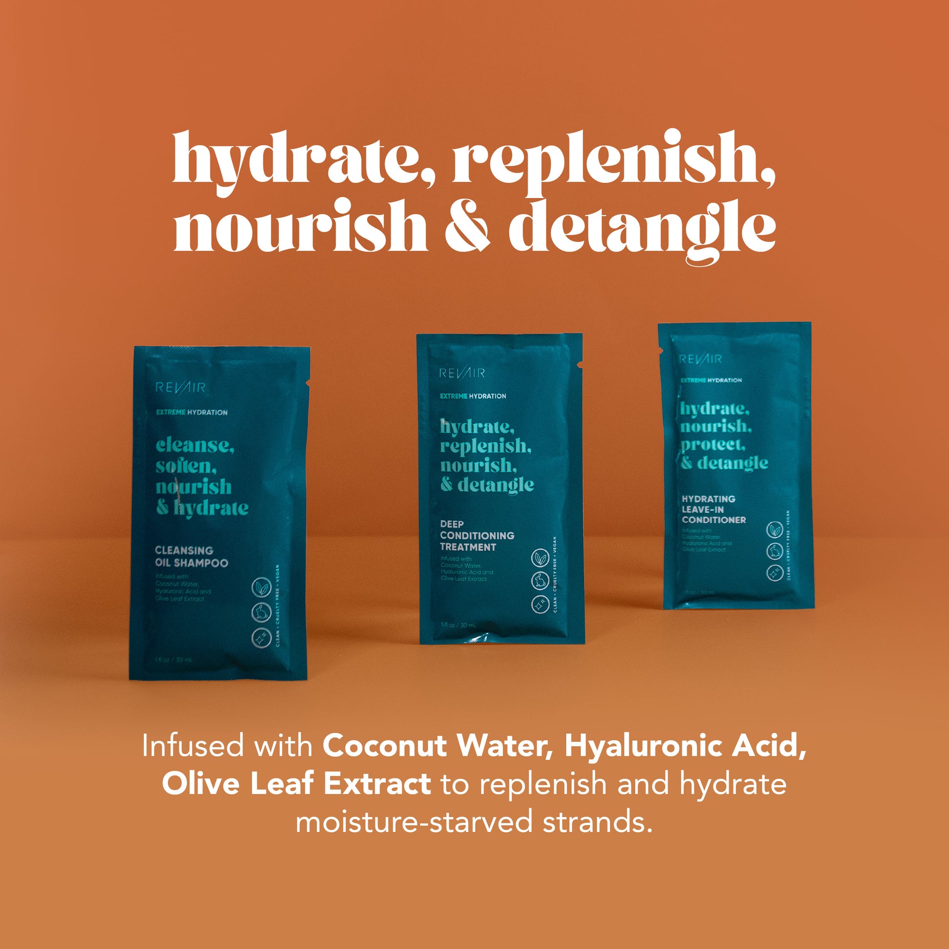 Extreme Hydration Deluxe Sample Packettes 3-Piece Gift - hydrate, replenish, nourish, and detangle, infused with coconut water, hyaluronic acid, and olive leaf extract to replenish and hydrate moisture-starved strands