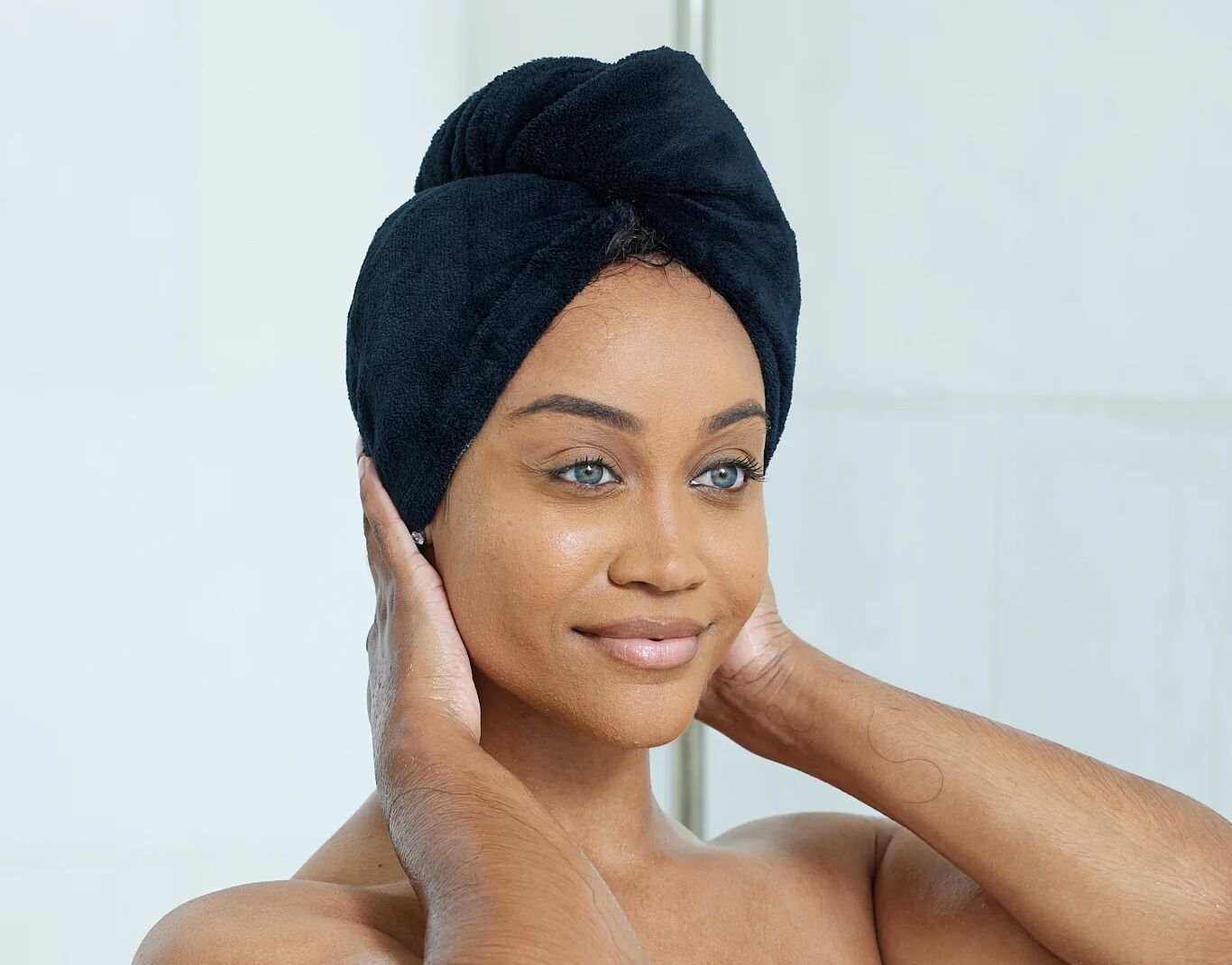 Turban towel wrapped around woman's head