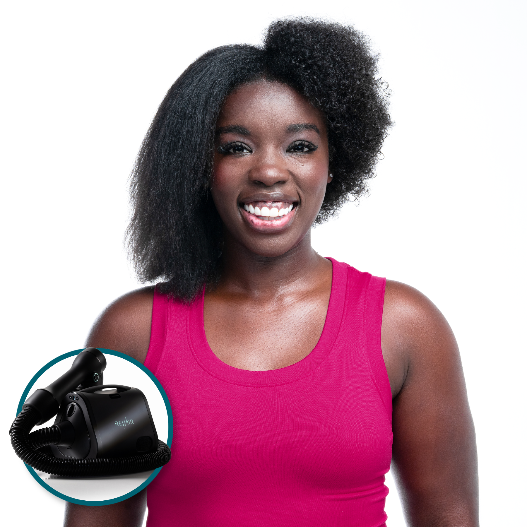 Woman showing a half-stretched, half-natural hair transformation using the RevAir Reverse-Air Dryer.