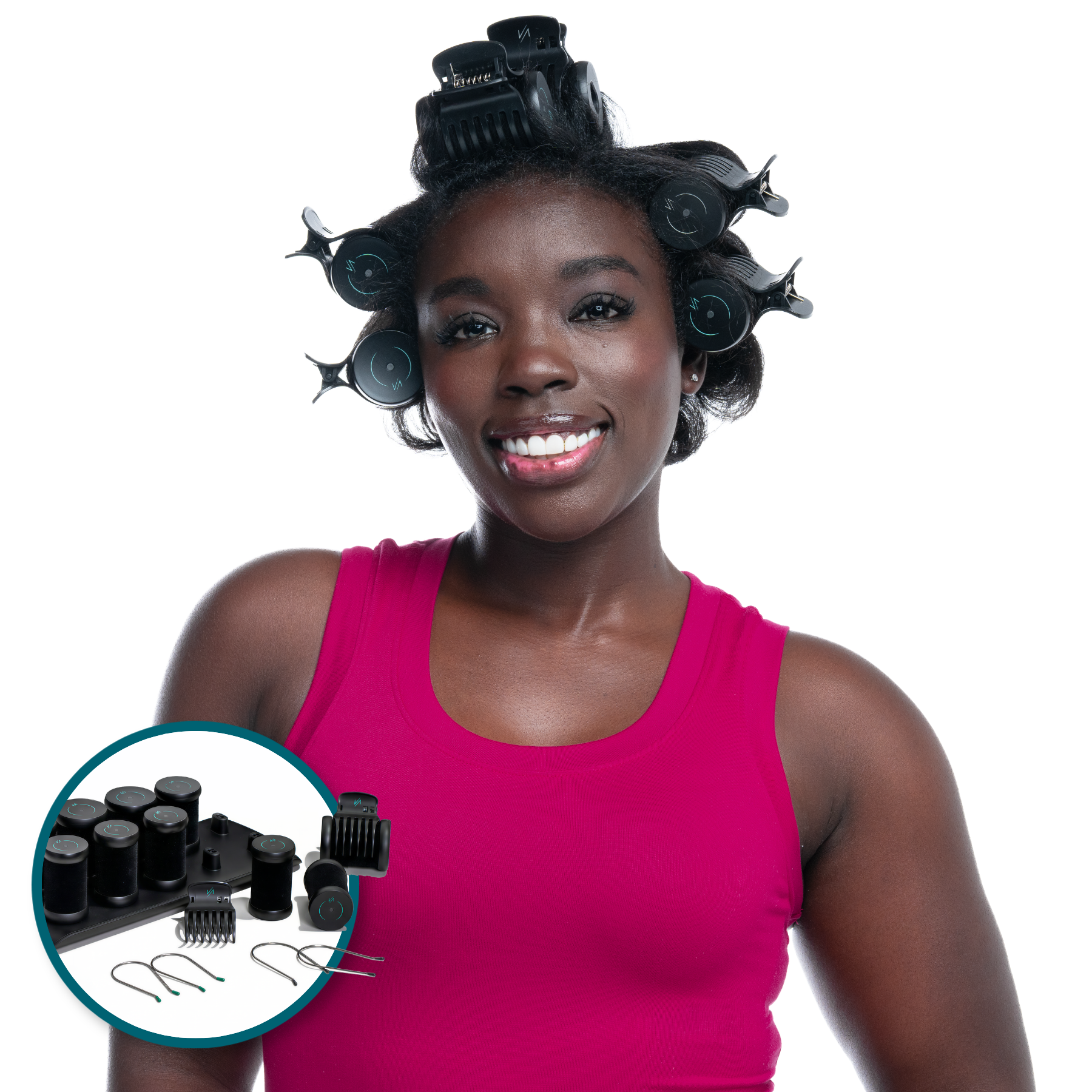 Woman wearing Amplifying Hot Rollers and clips to set her hair for volume, body, and curls.
