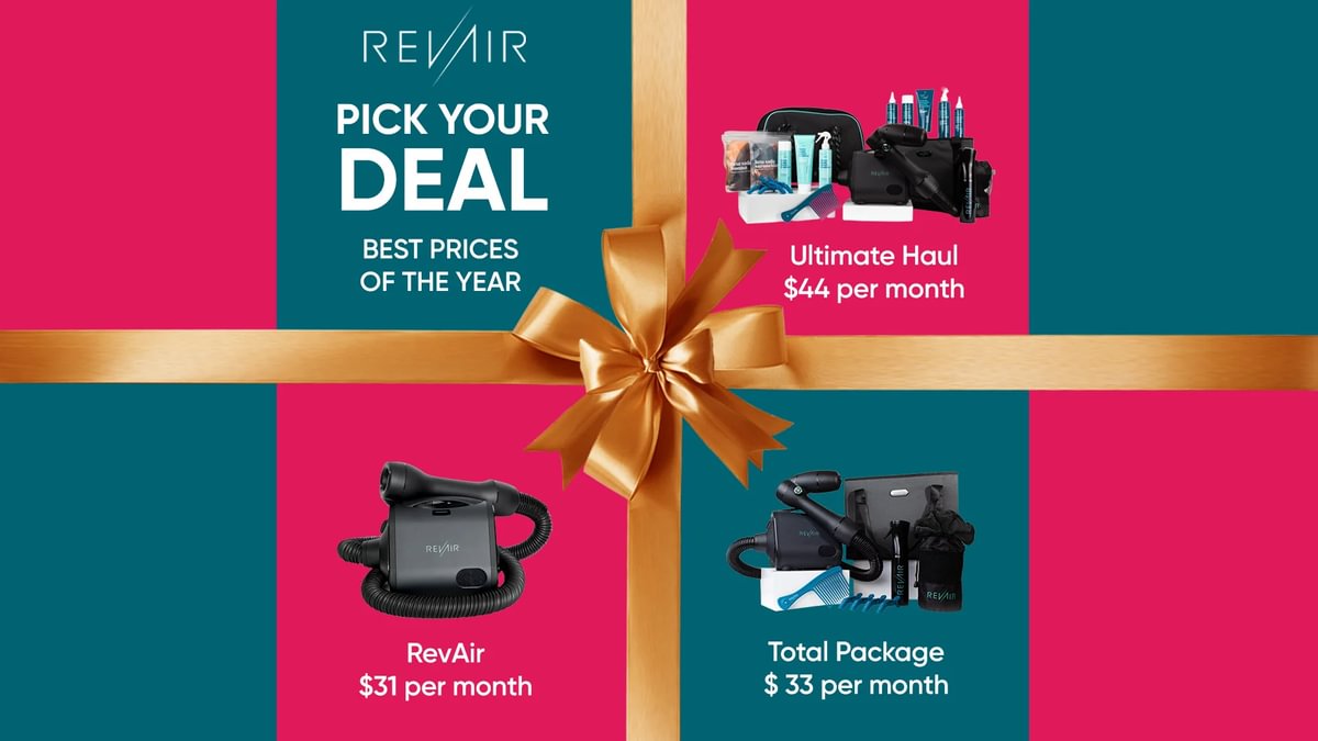 Pick Your Deal: RevAir promotional graphic with different package deals on a colorful background