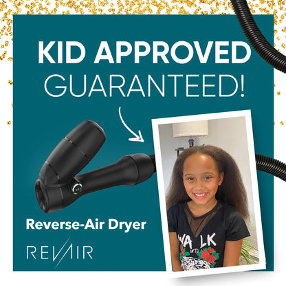 Advertisement for a Reverse-Air Dryer with a child and product on a teal background