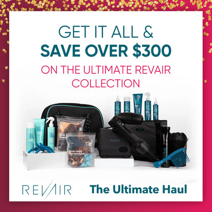 Promotional image of Revair hair care collection with text about savings on the Ultimate Haul.
