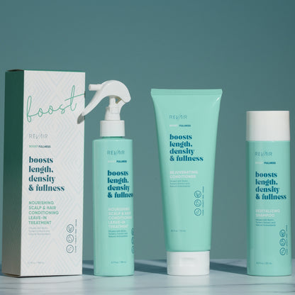 All boost fullness products - conditioning leave in treatment and box, rejuvenating conditioner, and revitalizing shampoo
