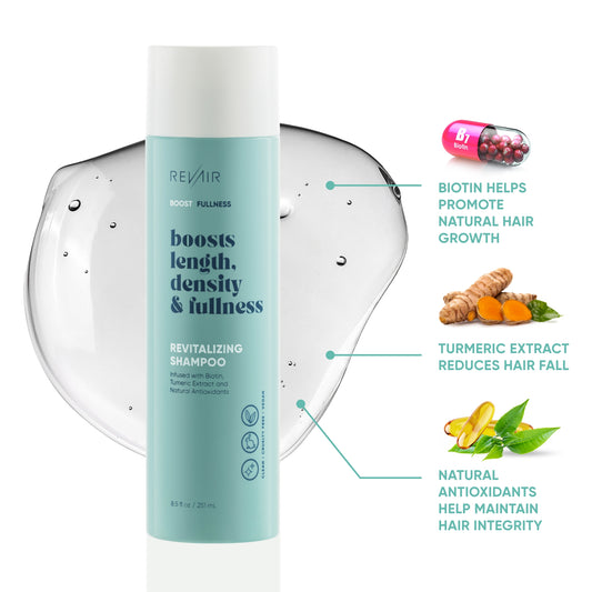 Revitalizing Shampoo - RevAir boost fullness - biotin helps promote natural hair growth, tumeric extract reduces hair fall, and natural antioxidants help maintain hair integrity