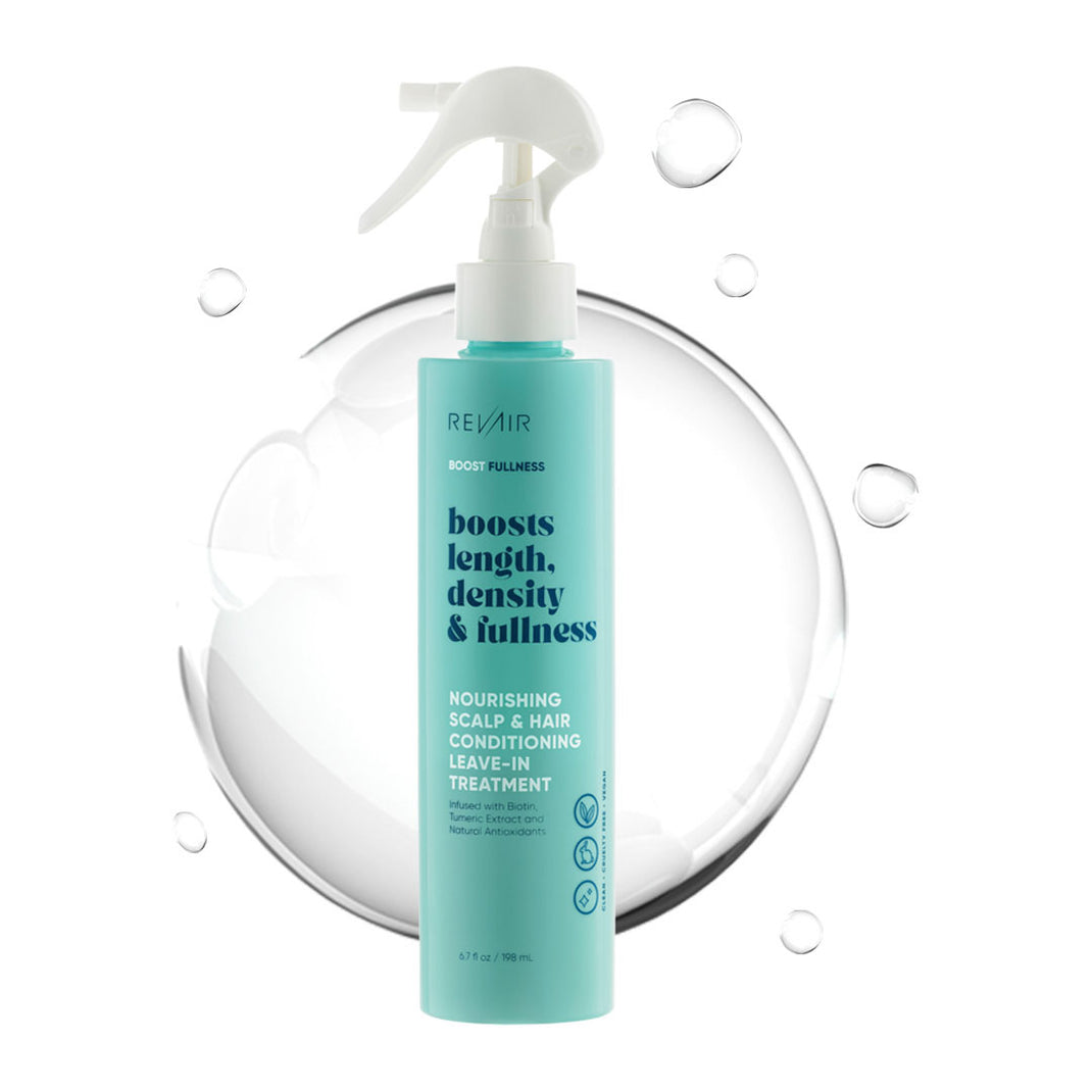 RevAir nourishing scalp and hair conditioning leave-in treatment product bottle with liquid droplets behind it