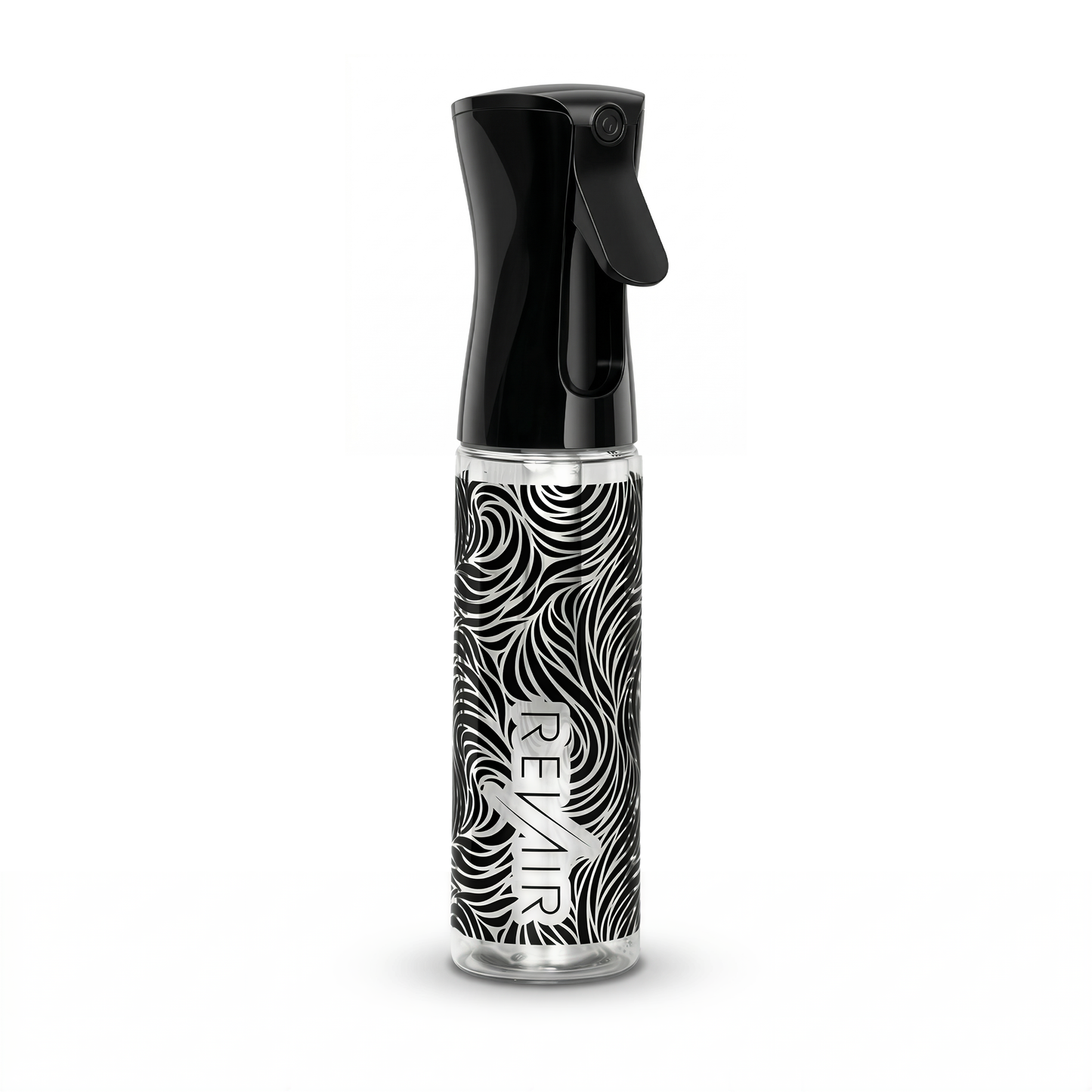 Black spray bottle with a patterned design on a white background