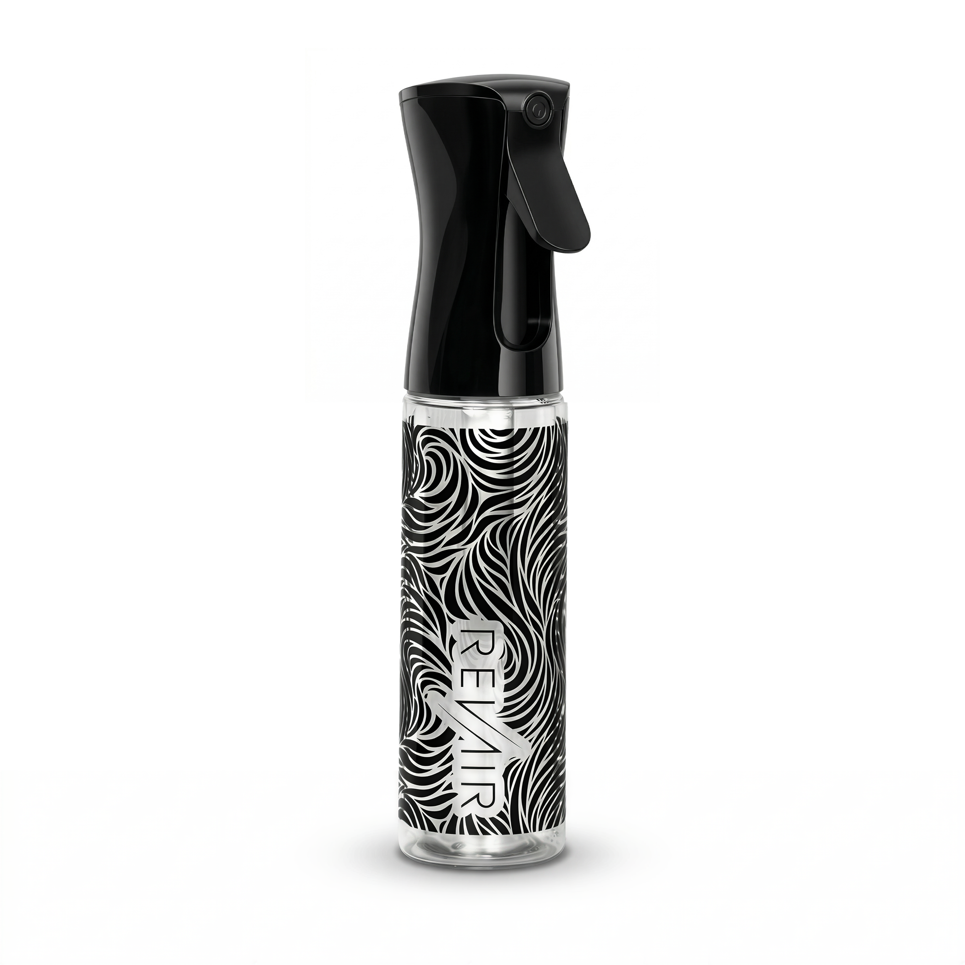 Black spray bottle with a patterned design on a white background
